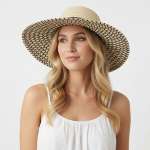 Shiraleah Tan & Black Print Wide Brim Straw Hat OS